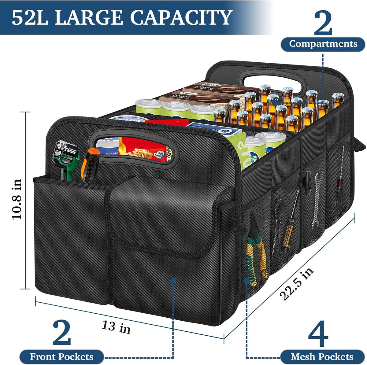 Femuar Car Boot Organizer with Large Capacity, Waterproof, Car Accessories for Women and Men , Foldable Organizer for SUV, Jeep, Sedan (Black, Standard)