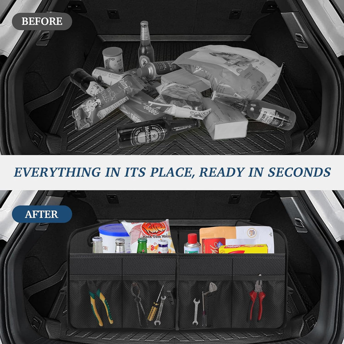 Femuar Car Boot Organizer with Large Capacity, Waterproof, Car Accessories for Women and Men , Foldable Organizer for SUV, Jeep, Sedan (Black, Standard)