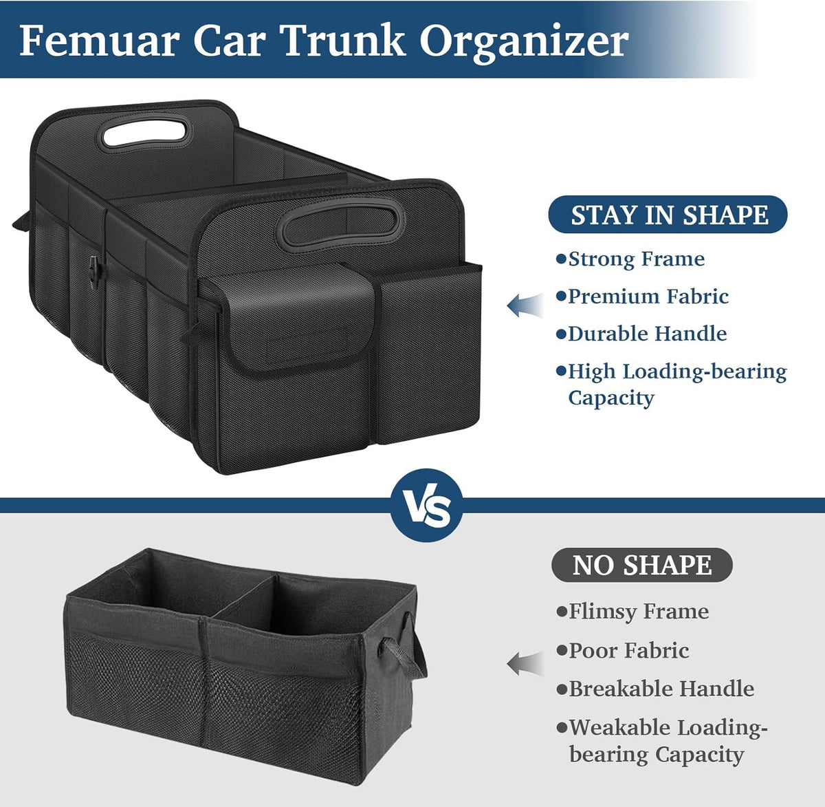 Femuar Car Boot Organizer with Large Capacity, Waterproof, Car Accessories for Women and Men , Foldable Organizer for SUV, Jeep, Sedan (Black, Standard)