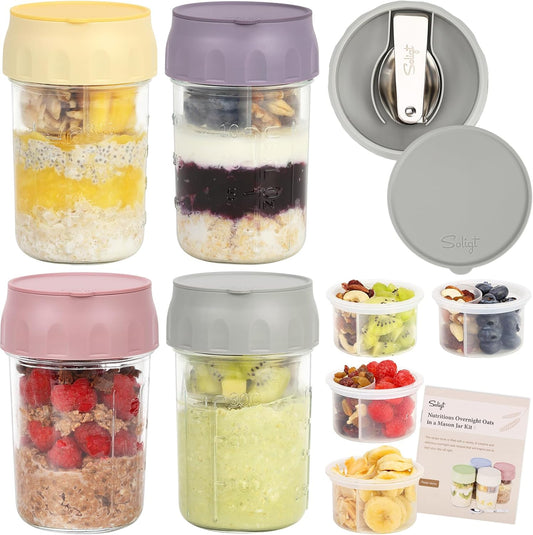 Overnight Oats Glass Jars – 4-Pack Meal Prep Containers with Lids, Folding Spoons & Divided Compartments for Fruit and Nuts