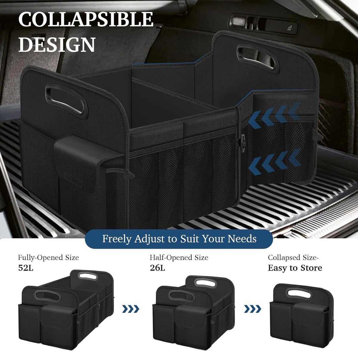 Femuar Car Boot Organizer with Large Capacity, Waterproof, Car Accessories for Women and Men , Foldable Organizer for SUV, Jeep, Sedan (Black, Standard)